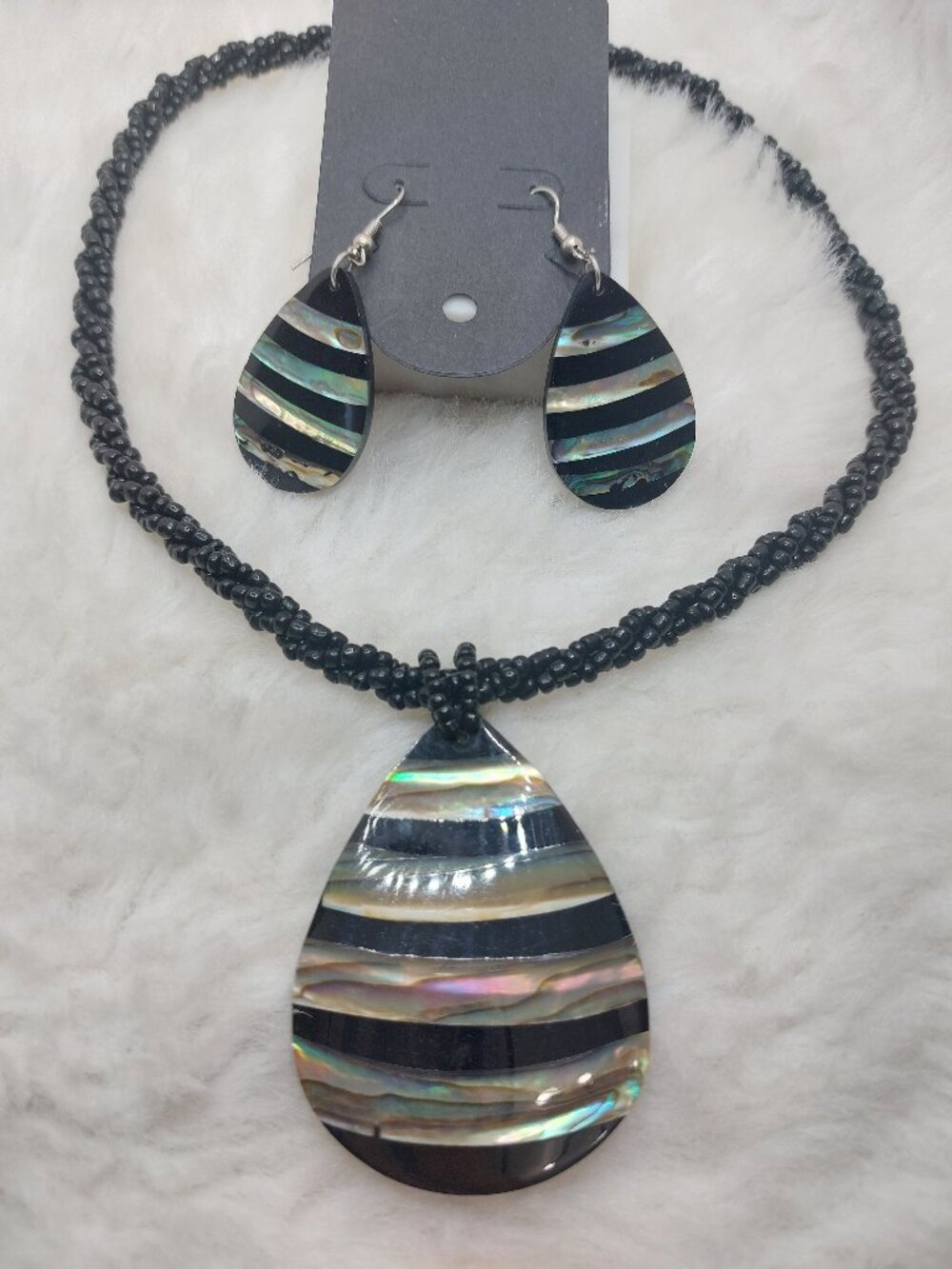 Abalone Shell Teardrop Pendant Necklace and Matching Earring Se